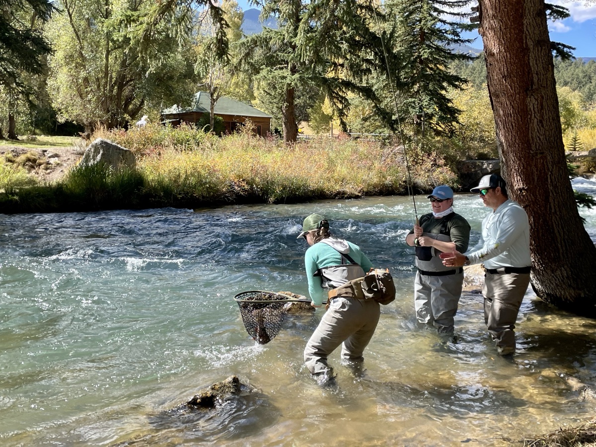 Guide and clients wading a Colorado river during an on-water instruction session