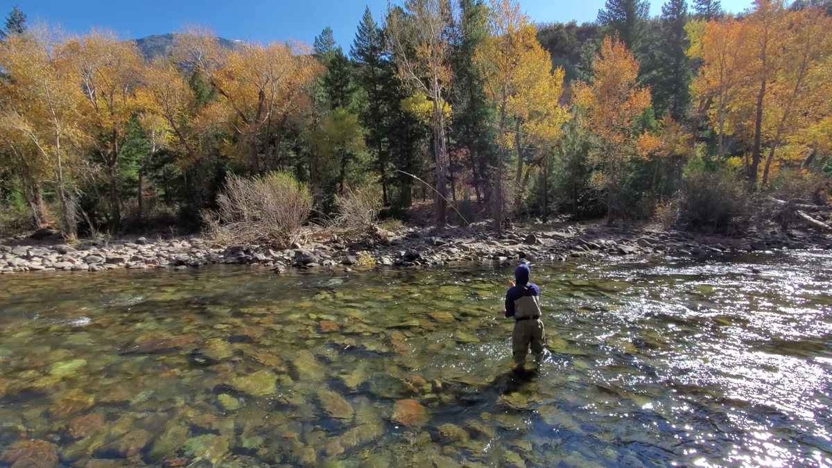 Aerial view of a Colorado river valley in fall — prime fly fishing water